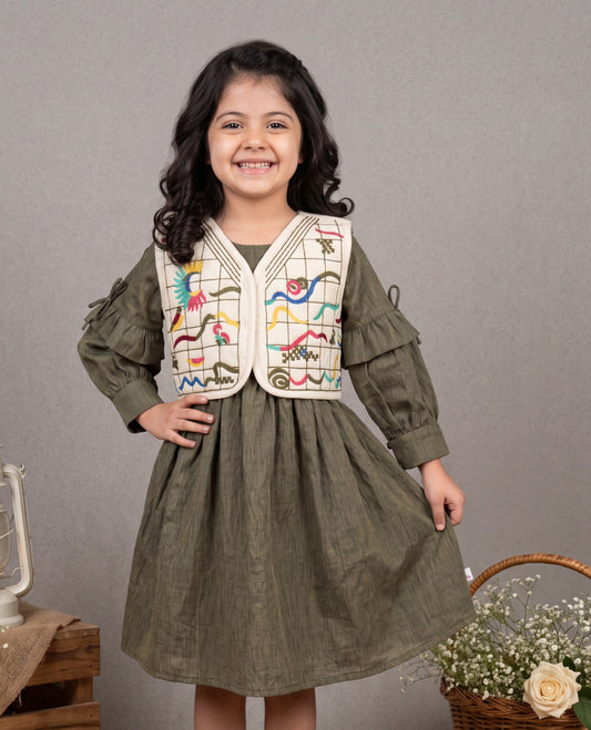 Olive Green Pleated Dress with Embroidered Abstract Vest & Ruffle Sleeves | Western Wear For Girls