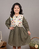Olive Green Pleated Dress with Embroidered Abstract Vest & Ruffle Sleeves | Western Wear For Girls