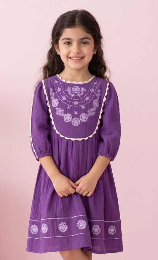 Purple Embroidered A-Line Dress with Bib Front & Full Sleeves | Western Wear For Girls