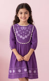 Purple Embroidered A-Line Dress with Bib Front & Full Sleeves | Western Wear For Girls