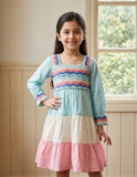 Aqua Multicolor Tiered Dress with Embroidered Bodice & Full Sleeves | Western Wear For Girls