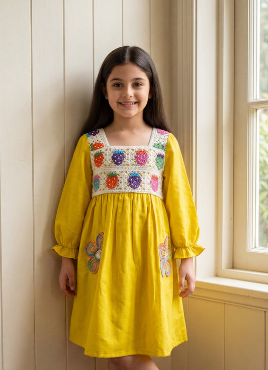Yellow Embroidered Tiered Dress with Multicolor Crochet Bodice & Butterfly Detailing | Western Wear For Girls