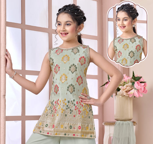 Girls Sage Green Sharara Set | Kids Ethnic Wear for Wedding & Festive