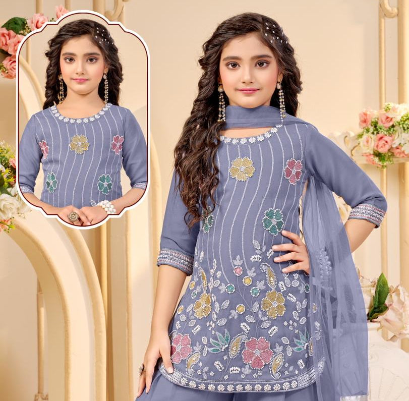 Girls Steel Grey Sharara Set | Kids Ethnic Wear for Wedding & Festive
