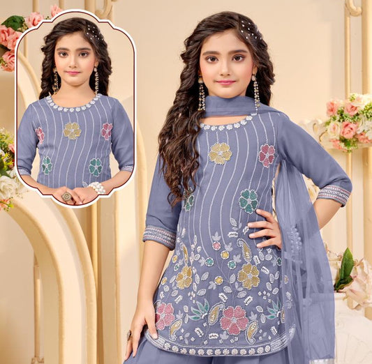 Girls Steel Grey Sharara Set | Kids Ethnic Wear for Wedding & Festive