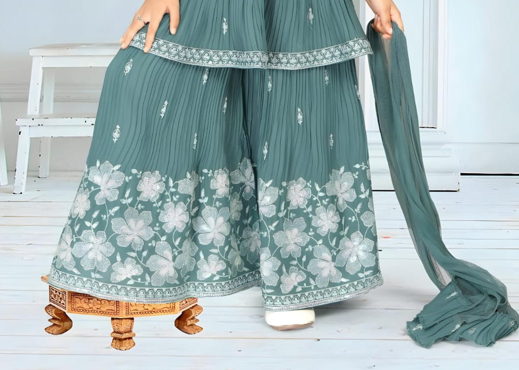 Teal Green Embroidered Layered Kurti with Palazzo Set