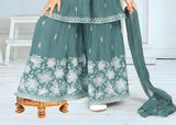 Teal Green Embroidered Layered Kurti with Palazzo Set