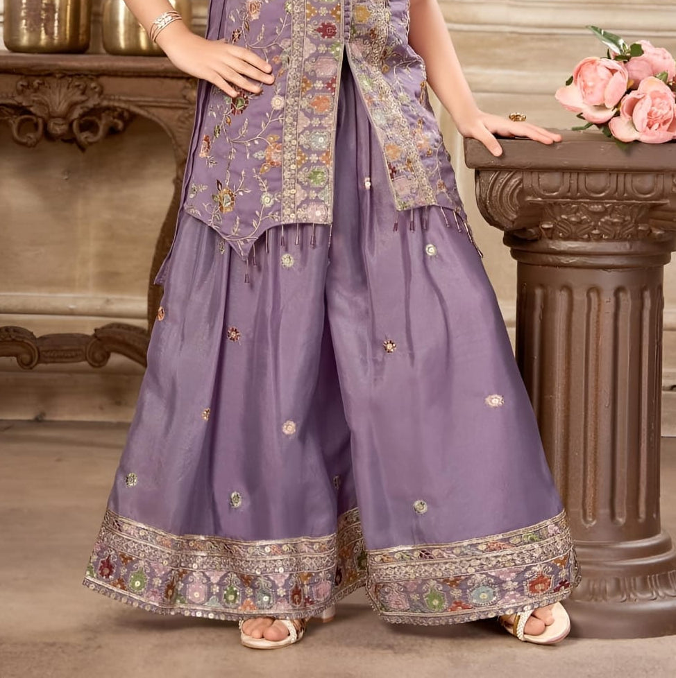 Lavender Embroidered Palazzo Set with Sleeveless Kurta & Dupatta