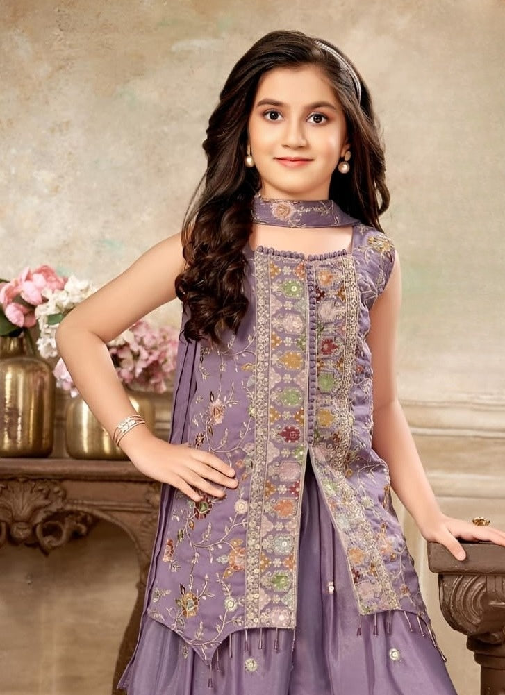 Lavender Embroidered Palazzo Set with Sleeveless Kurta & Dupatta