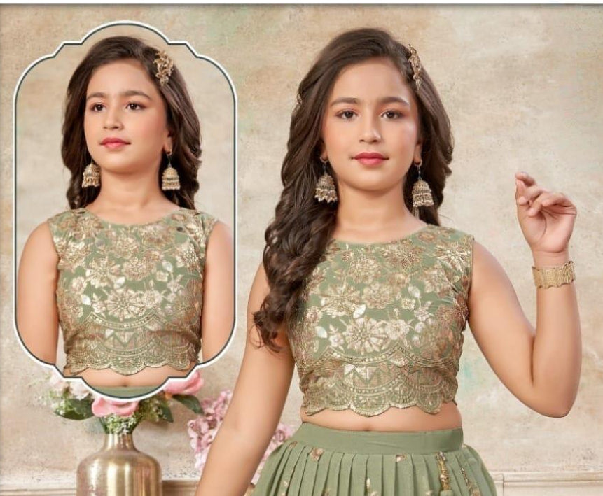 Pista Green Lehenga Choli with Golden Embroidery