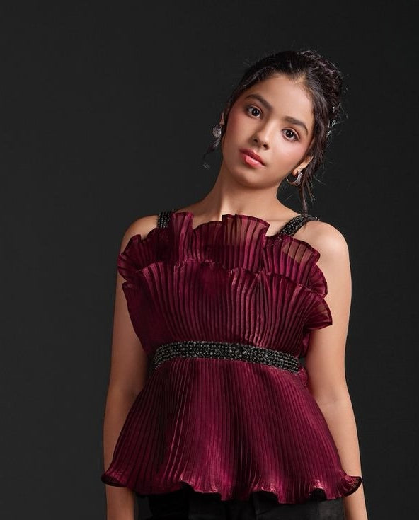 Maroon Pleated Satin Top with Black Straight Pants