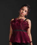 Maroon Pleated Satin Top with Black Straight Pants