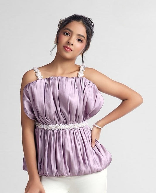 Lavender Bloom Satin Top with Pearl Strap