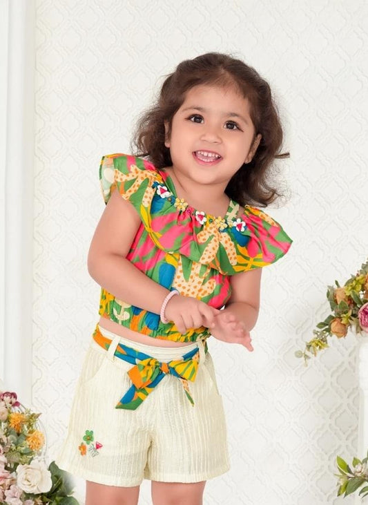 Multicolor Ruffle Top & Shorts Set | Casual Wear Kids Outfit for Girls