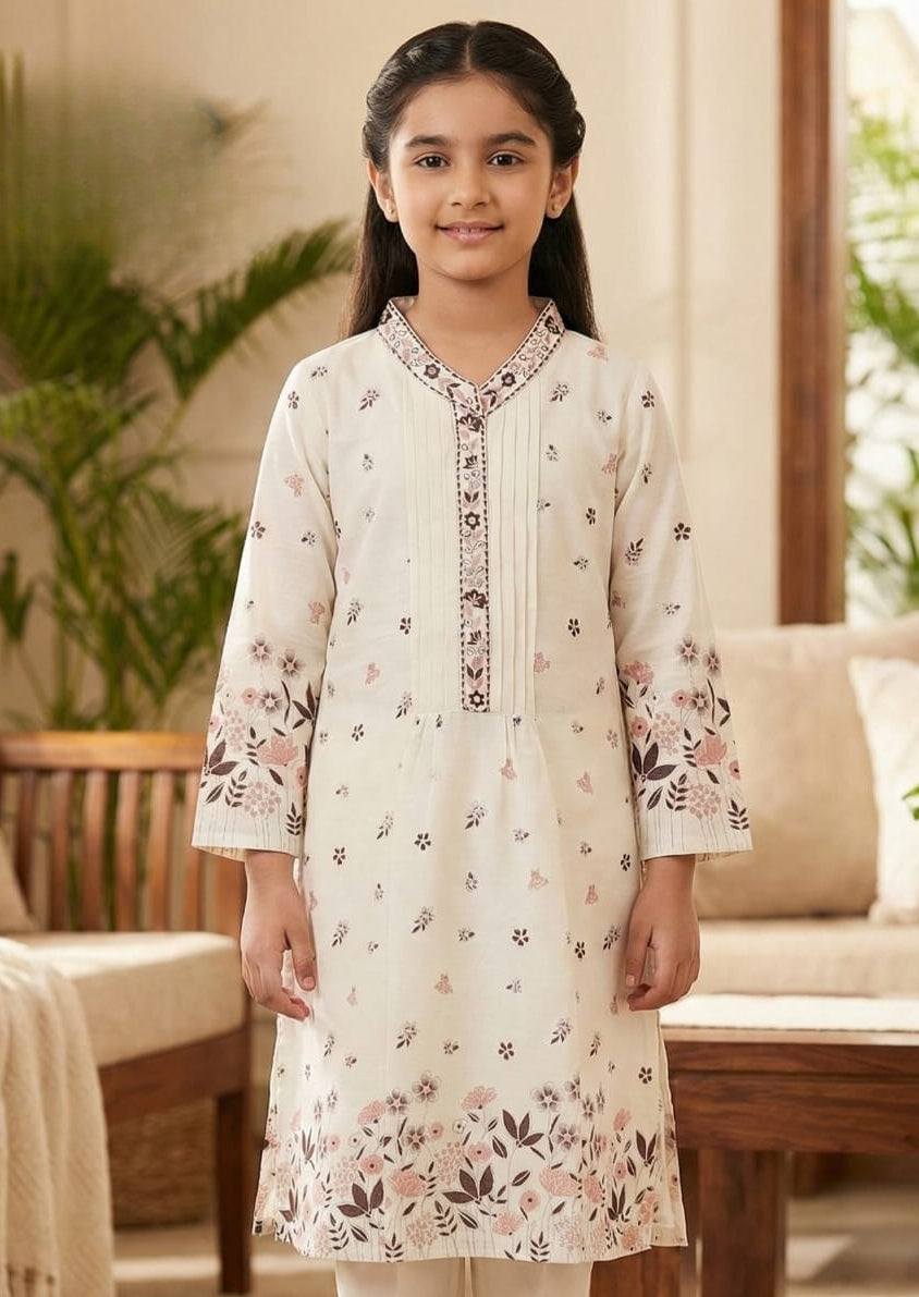 Ivory Cream Floral Printed Kurta Set | Kids Ethnic Outfit for Girls
