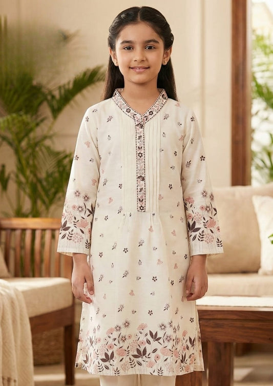 Ivory Cream Floral Printed Kurta Set | Kids Ethnic Outfit for Girls