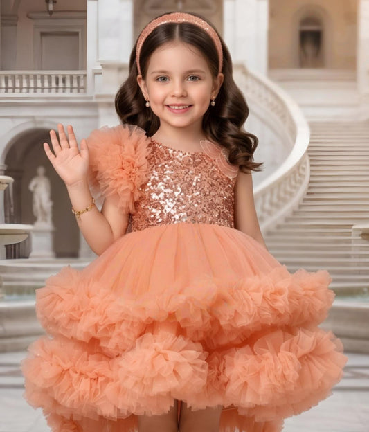 Peach Sequin High-Low Ruffle Short Frock for Girls | Party Wear For Kids