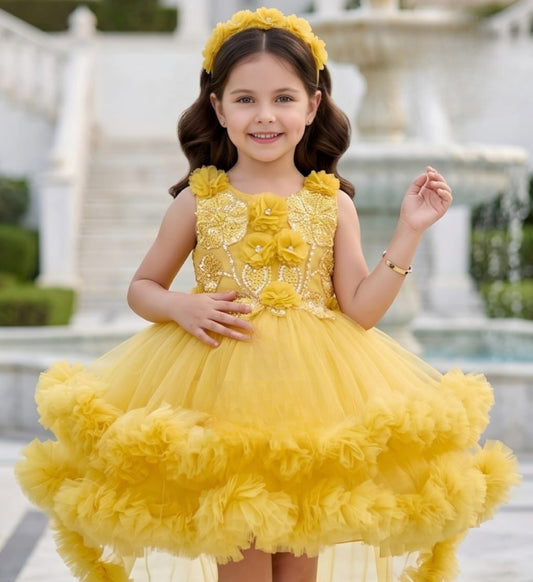 Girls Mango Yellow Designer High-Low Ruffle Party Short Frock| Party Wear Dress For Girls