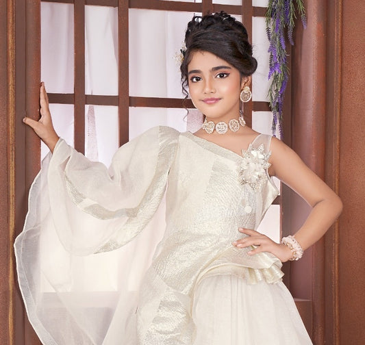 Pearl Ivory One-Shoulder Draped Long Gown