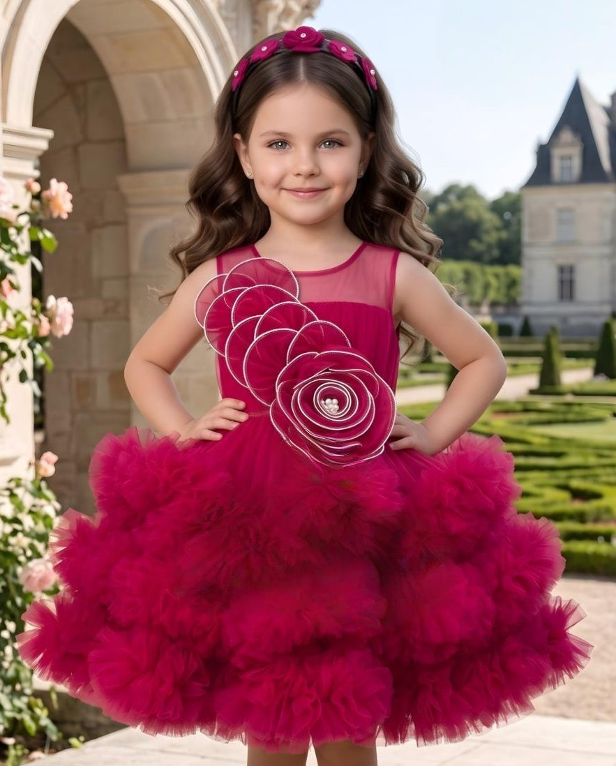 Rani Pink Floral with Layered Tulle Short Frock | Party Wear Dress For Kids