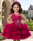 Rani Pink Floral with Layered Tulle Short Frock | Party Wear Dress For Kids