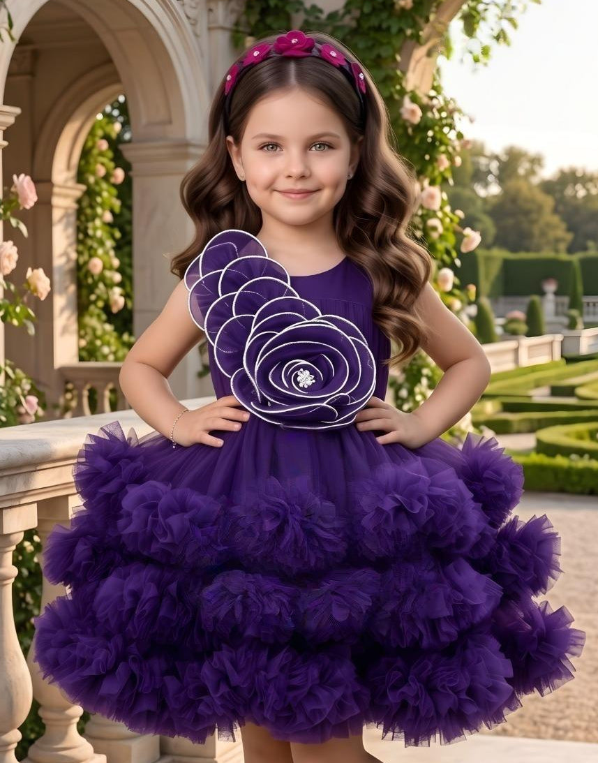 Voilet Floral Layered Tulle Short Frock | Party Wear Dress For Girls