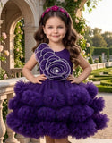 Voilet Floral Layered Tulle Short Frock | Party Wear Dress For Girls