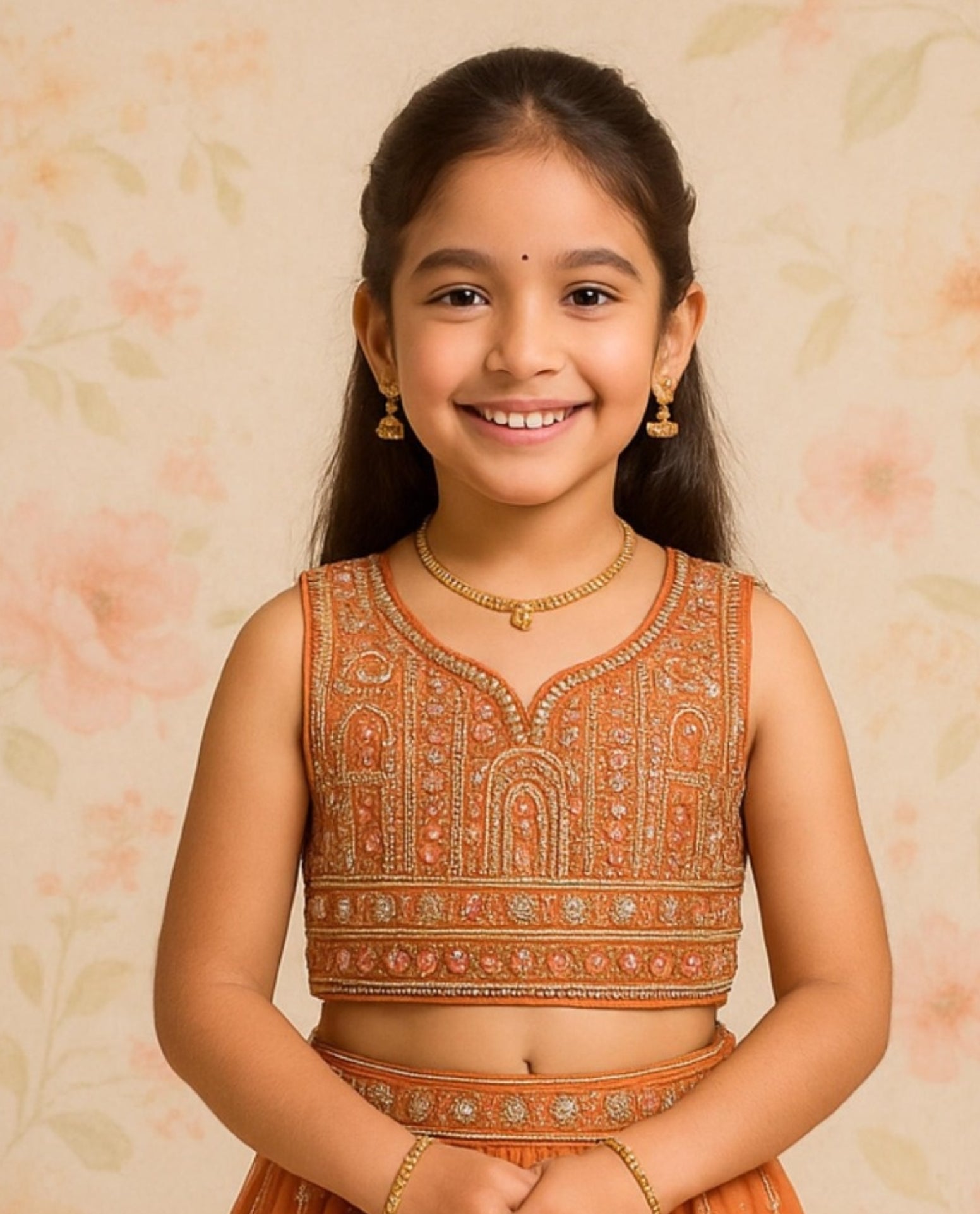 Rust Orange Embroidered Crop Top with Lehenga Set