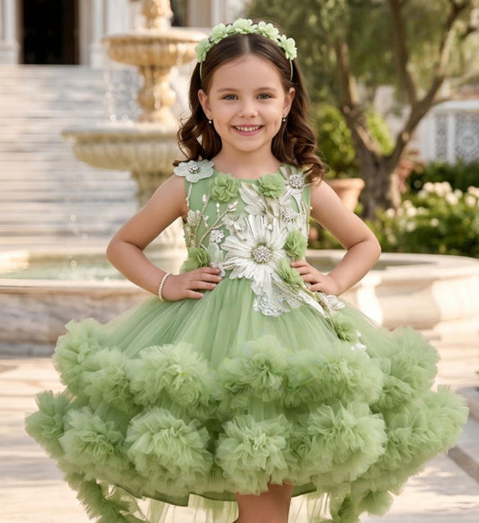 Mint Green Floral High-Low Ruffle Short Frock | Party Wear For Kids