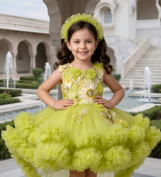 Lime Green Floral High-Low Ruffle Short Frock | Party Wear For Kids