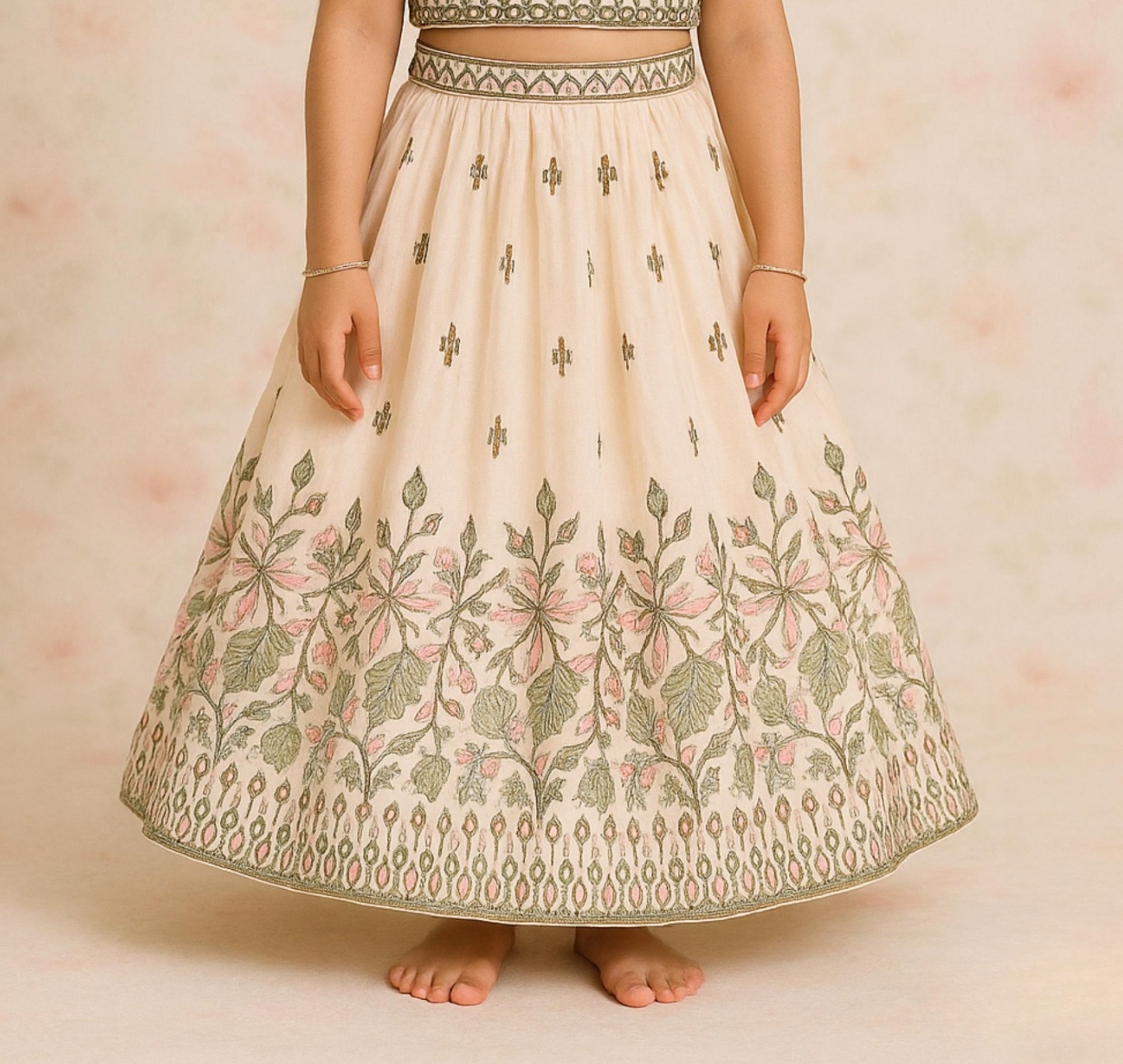 White & Olive Green Embroidered Crop Top with Lehenga Set