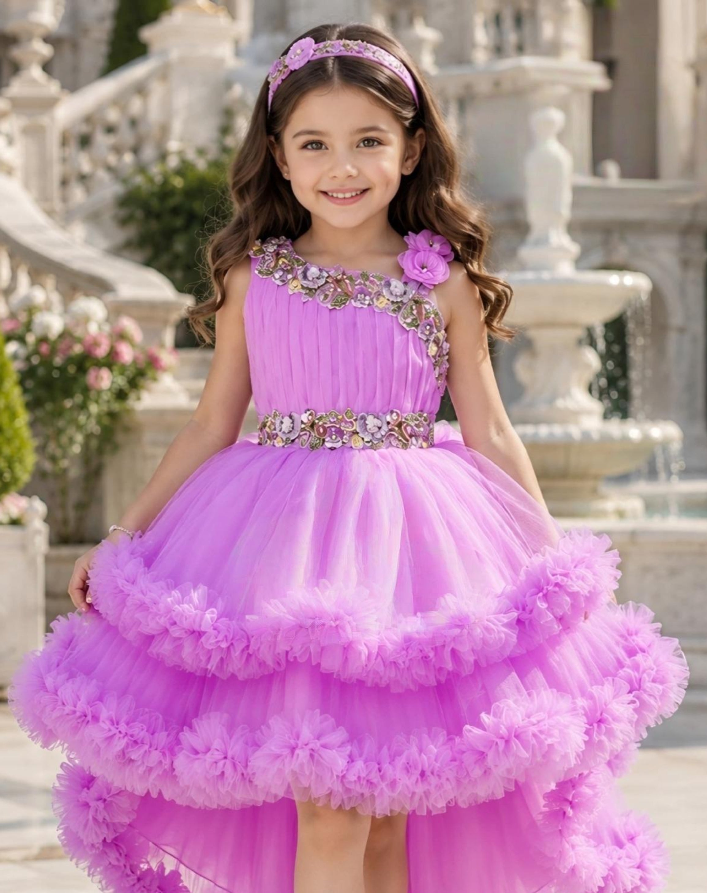 Lilac Pink Floral High-Low Tulle Short Frock | Party Wear For Girls