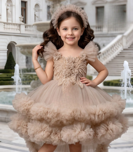 Girls Champagne Beige High-Low Ruffle Party Short Frock | Party Wear Dress For Kids