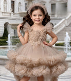 Girls Champagne Beige High-Low Ruffle Party Short Frock | Party Wear Dress For Kids