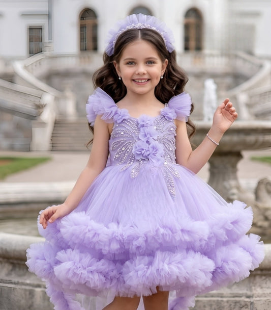 Girls Lavender High-Low Ruffle Party Short Frock | Party Wear Dress For Kids