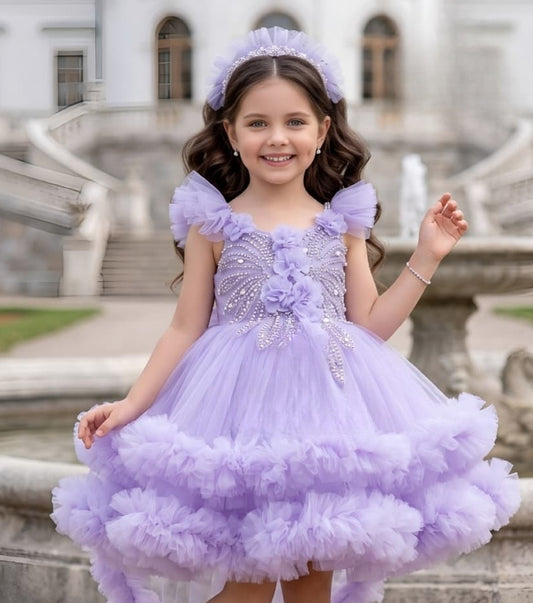 Girls Lavender High-Low Ruffle Party Short Frock | Party Wear Dress For Kids
