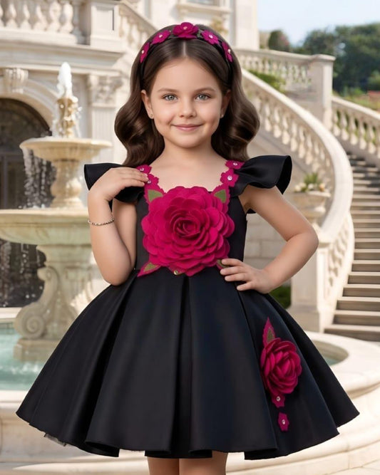 Black Floral Appliqué Fit & Flare Party Dress with Ruffle Sleeves | Party Wear Dress For Kids