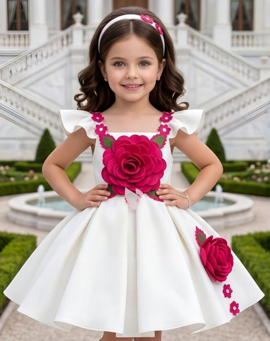 White Floral Appliqué Fit & Flare Party Dress with Ruffle Sleeves | Party Wear Dress For Girls
