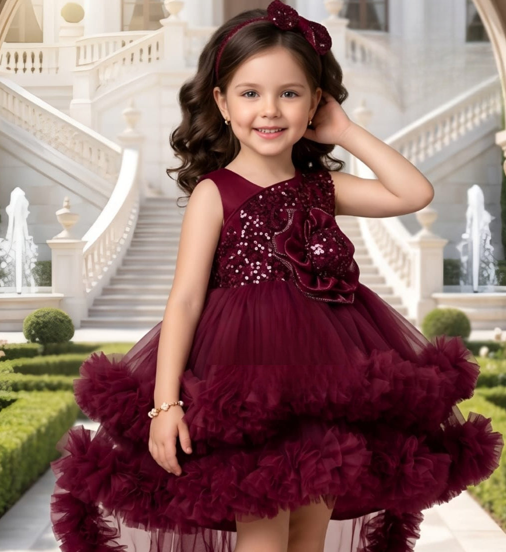 Girls Maroon Designer High-Low Ruffle Party Short Frock | Party Wear Dress For Girls.