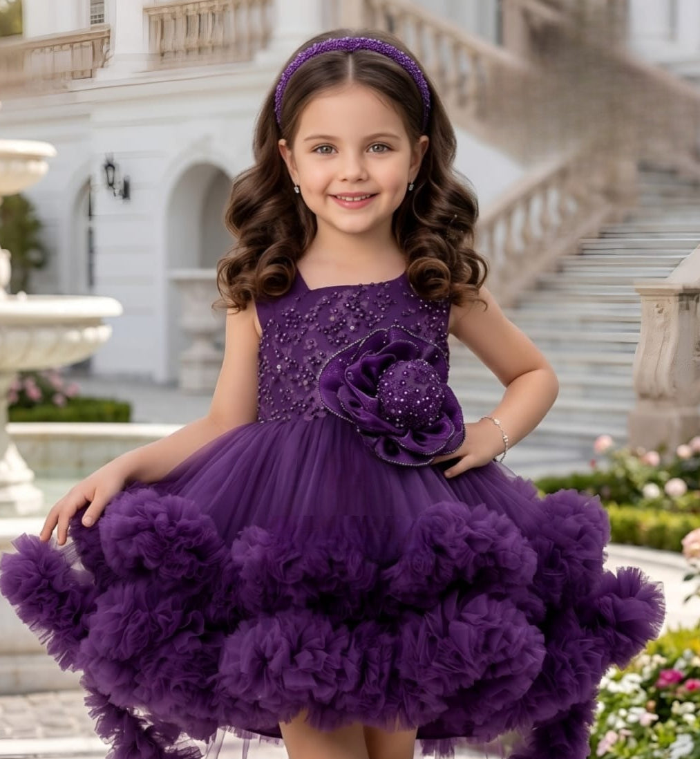 Girls Royal Violet Designer Ruffle Party Short Frock | Party Wear For Girls