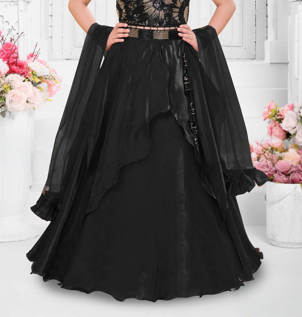 Black Sequin Embroidered Crop Top & Flared Lehenga Set  | Ethnic Wear For Girls