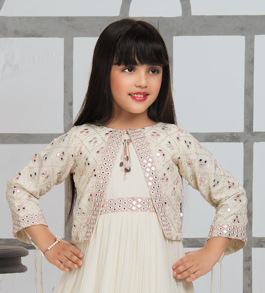 Cream Embroidered Gown with Mirror Work Jacket