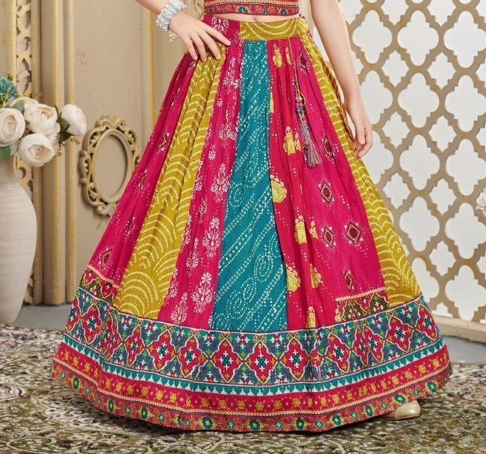 Multicolor Bandhani Print Lehenga Choli with Mirror Work Blouse