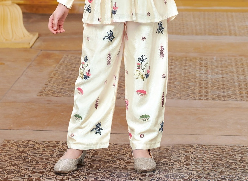 Ivory Floral Embroidered Co-ord Set with Mandarin Collar