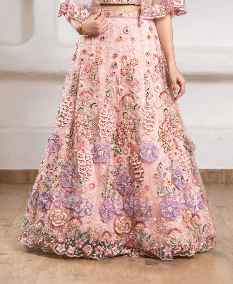 Girls Blush Pink Floral Cape Lehenga Set | Kids Ethnic Embroidered Wear for Wedding & Party