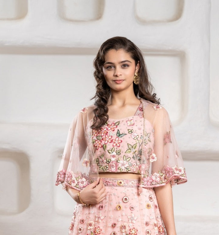 Girls Blush Pink Floral Cape Lehenga Set | Kids Ethnic Embroidered Wear for Wedding & Party