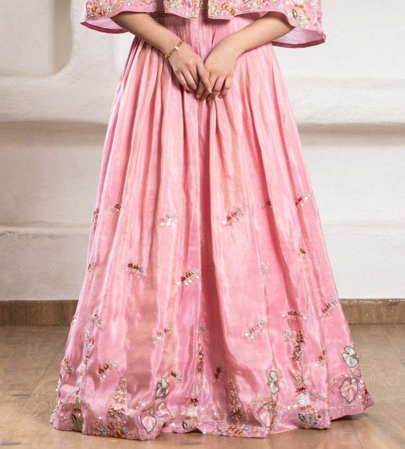 Girls Rose Pink Embroidered Cape Gown Lehenga Set | Kids Wedding & Festive Ethnic Wear