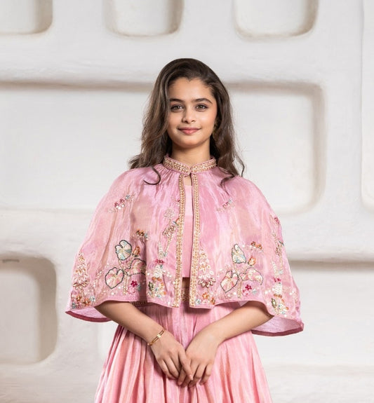 Girls Rose Pink Embroidered Cape Gown Lehenga Set | Kids Wedding & Festive Ethnic Wear