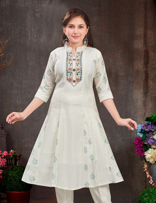 Ivory Green Aura Embroidered Salwar Suit | Kids Ethnic Outfit for Girls
