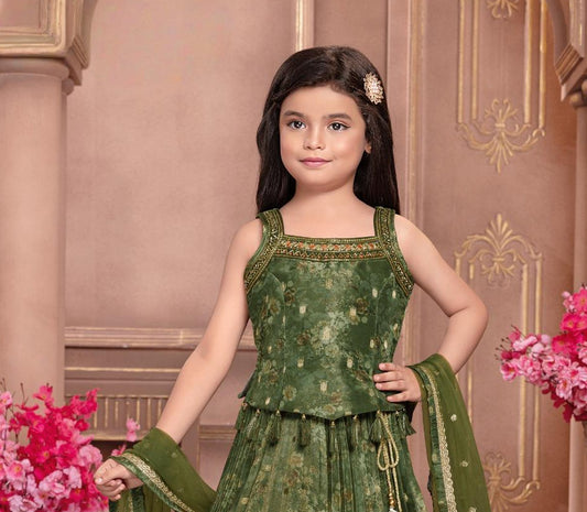 Green Brocade Lehenga Choli with Dupatta | Ethnic Wear for Girls